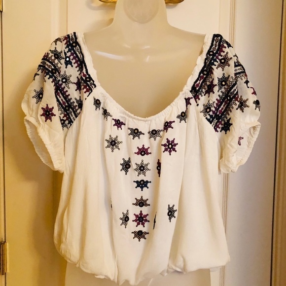 HOST PICK⭐️⭐️⭐️FREE People Ocean Blue Floral Embroidered Top Cropped PERFECT NWT - Picture 8 of 9